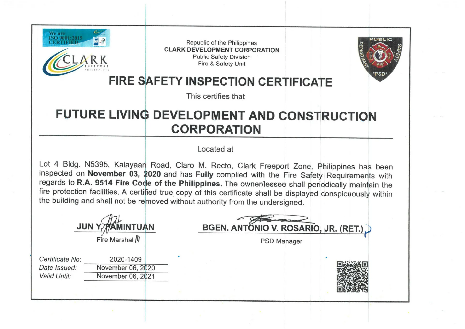 CDC Fire Safety Inspection Certificate