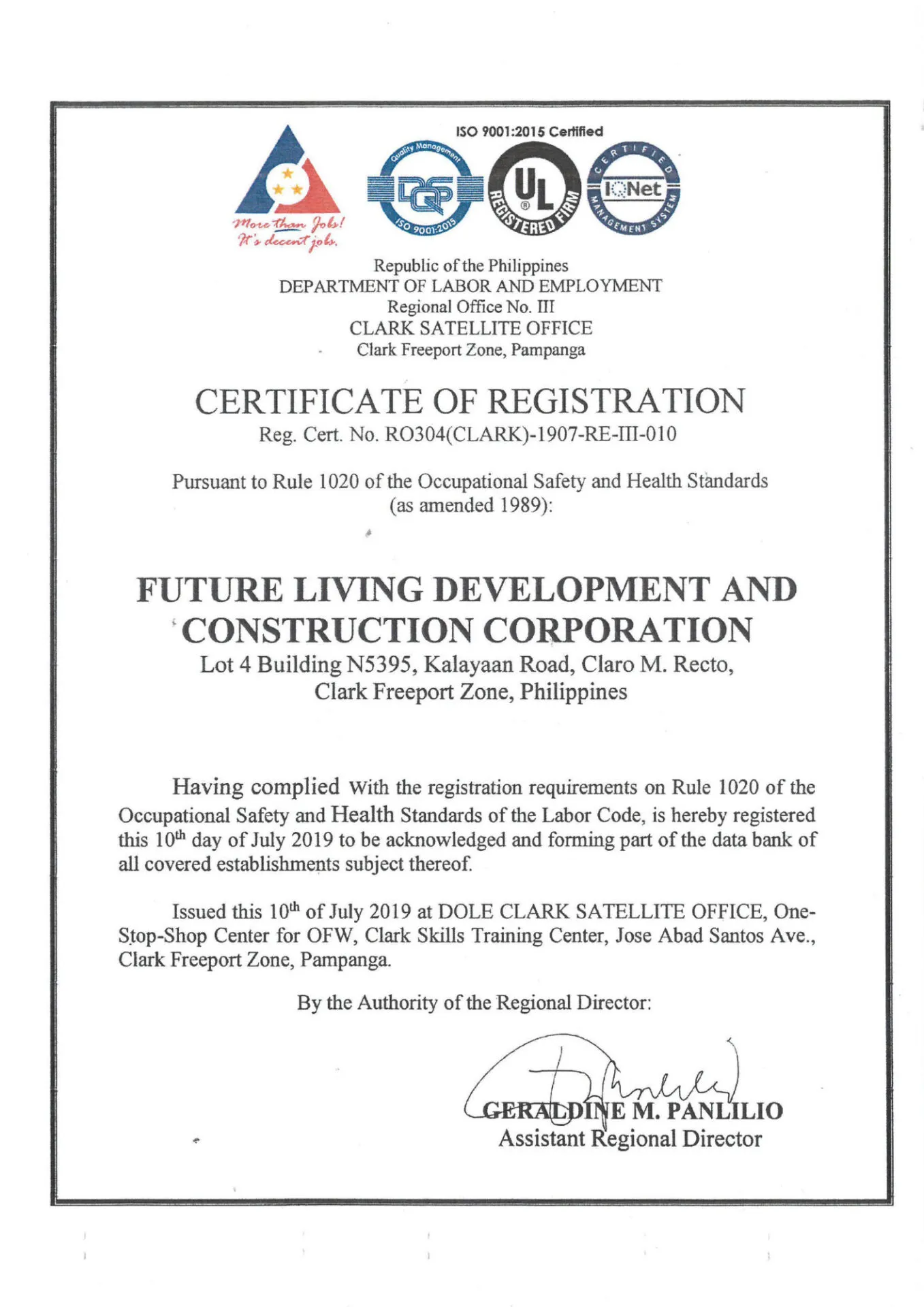 DOLE Rule 1020 Certificate of Registration