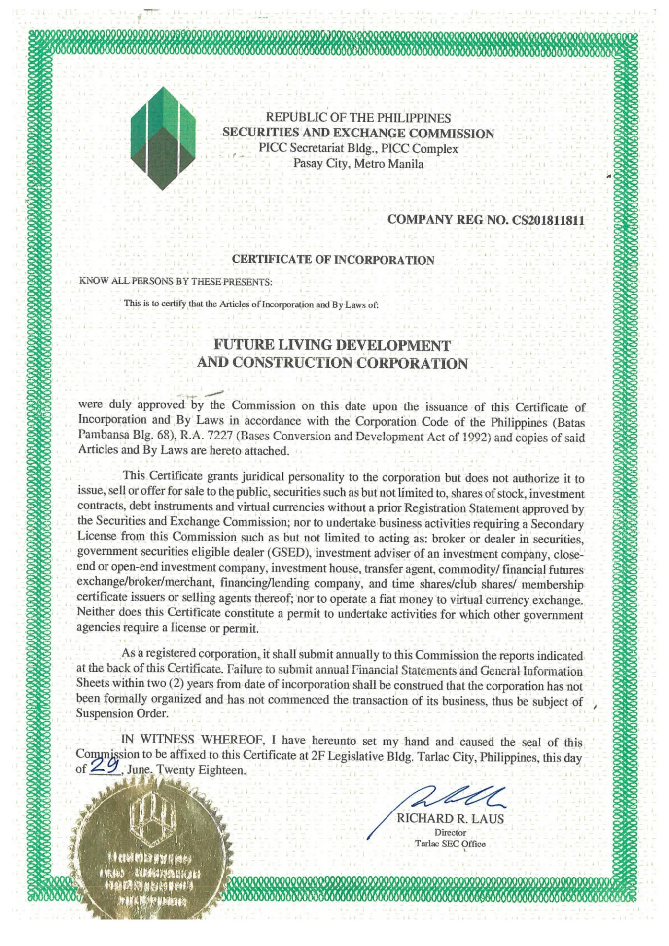 SEC Certificate of Registration